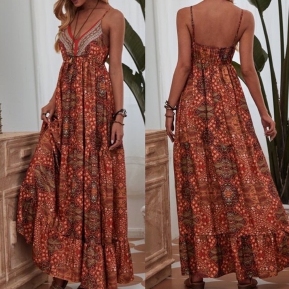 Bohemian Gypsy Purple Ruffle Cami Maxi Dress Floral - Picture 6 of 11